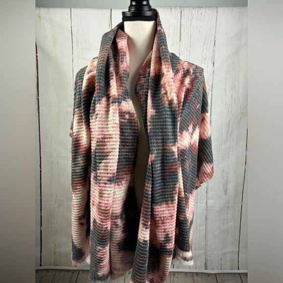 Pink Rust Gray Tie Dye Wrap Warmer Scarf Ribbed Raw Edge - Picture 5 of 8